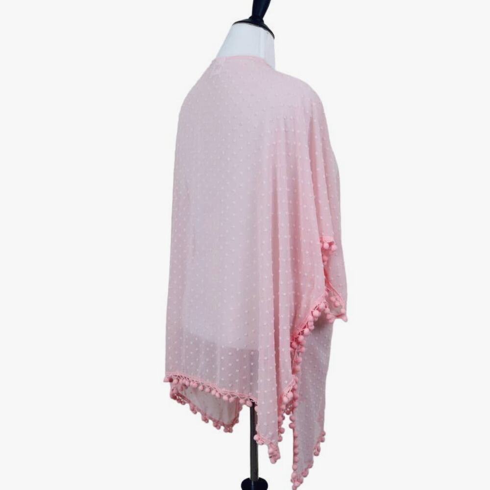Sheer Chiffon Swiss Dot Kimono Robe One Size Negligee Pom Pom Pink - Picture 5 of 10
